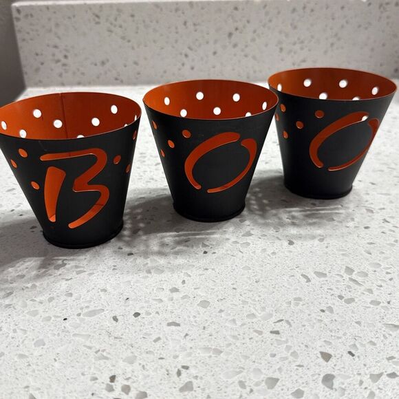 Hallmark Halloween BOO Metal Cutout Candle Holders Tealight Votive Black Orange - Picture 1 of 6